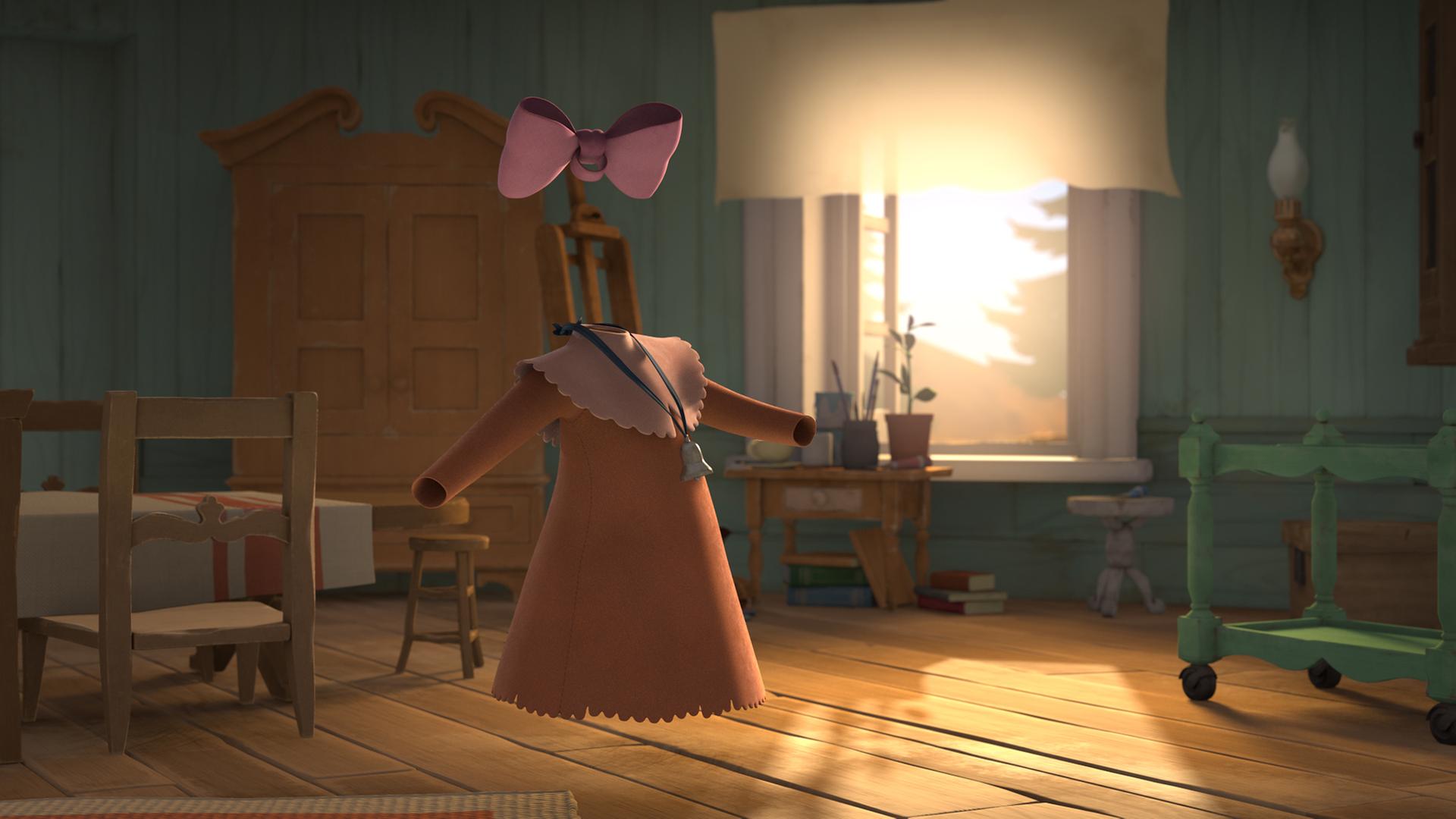 In einem Zimmer im Muminhaus steht das unsichtbare Mädchen. Zu sehen ist nur ein Kleid, eine Haarschleife und eine Kette, die von einem unsichtbaren Wesen getragen wird. Durch ein Fenster fällt Sonnenlicht herein.