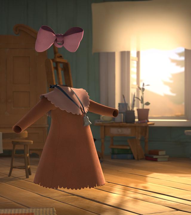 In einem Zimmer im Muminhaus steht das unsichtbare Mädchen. Zu sehen ist nur ein Kleid, eine Haarschleife und eine Kette, die von einem unsichtbaren Wesen getragen wird. Durch ein Fenster fällt Sonnenlicht herein.