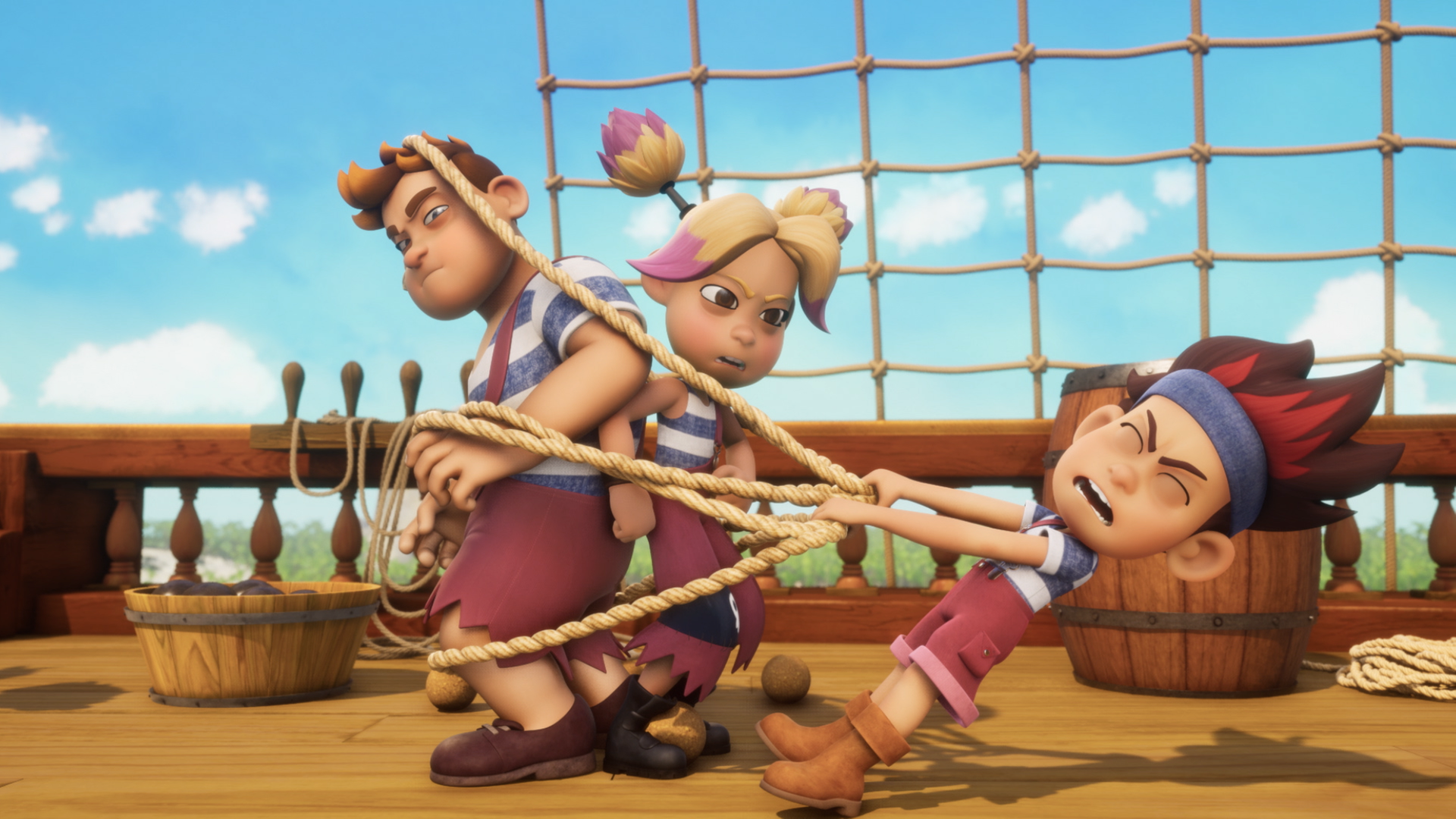 Die Barracudas sind an Deck des Schiffes. Conan und Erika haben sich in einem Seil verfangen. Raul versucht, sie zu befreien.