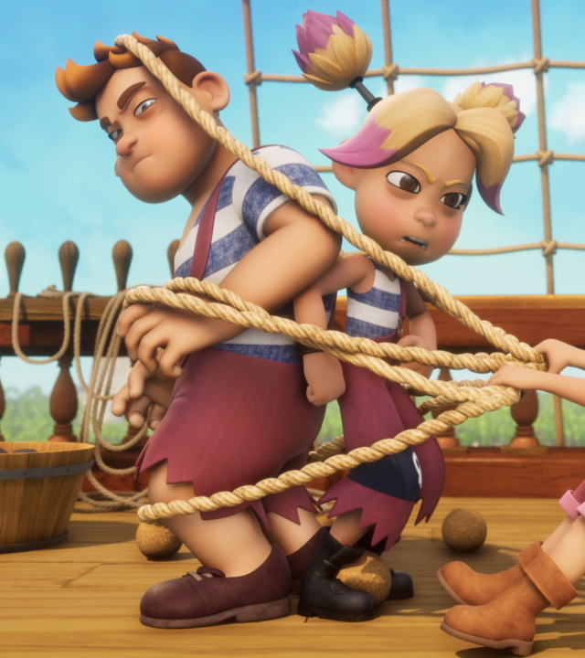 Die Barracudas sind an Deck des Schiffes. Conan und Erika haben sich in einem Seil verfangen. Raul versucht, sie zu befreien.