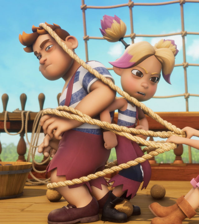 Die Barracudas sind an Deck des Schiffes. Conan und Erika haben sich in einem Seil verfangen. Raul versucht, sie zu befreien.