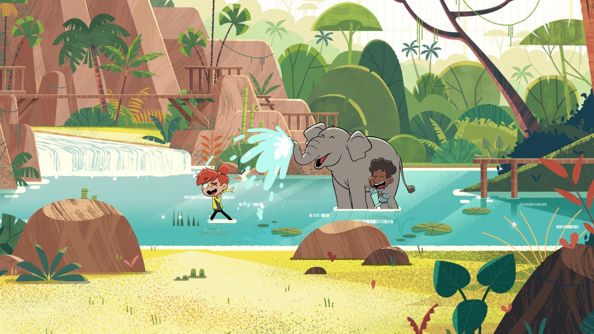 Taylor und Tommy sind mit dem Elefanten im See am Wasserfall. Alle lachen, denn Elefant Eesha spritzt mit Wasser aus dem Rüssel auf Taylor.