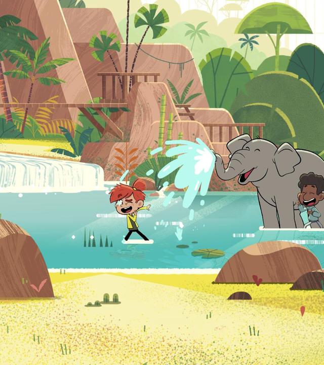 Taylor und Tommy sind mit dem Elefanten im See am Wasserfall. Alle lachen, denn Elefant Eesha spritzt mit Wasser aus dem Rüssel auf Taylor.
