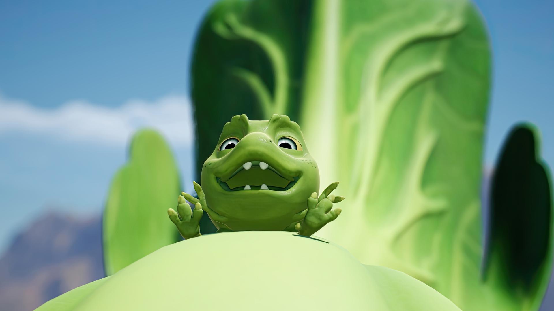 Einer der Erbs-Rexe lacht aus voller Kehle während er über die Abschussrampe geschleudert wird.