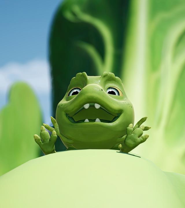 Einer der Erbs-Rexe lacht aus voller Kehle während er über die Abschussrampe geschleudert wird.