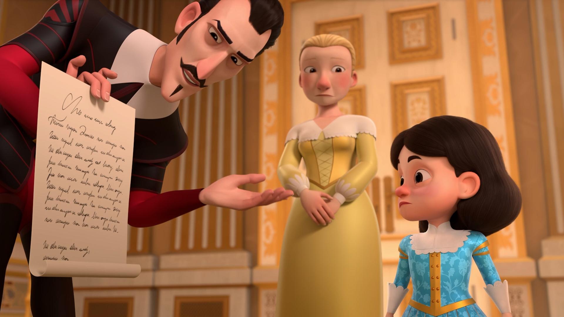 In den Sälen des Königs: Richelieu steht leicht gebückt neben König Louis XIII. und hält ein Papier in seiner rechten Hand, auf dem etwas geschrieben steht. Er blickt ernst darauf. Seine linke Hand streckt er gestikulierend nach vorne. König Louis XIII schaut traurig auf das Papier. Im Hintergrund ist des Königs Gouvernante Constance zu sehen, die mit bestürztem und mitleidigem Blick zum König schaut.