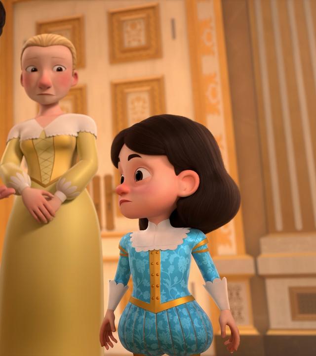 In den Sälen des Königs: Richelieu steht leicht gebückt neben König Louis XIII. und hält ein Papier in seiner rechten Hand, auf dem etwas geschrieben steht. Er blickt ernst darauf. Seine linke Hand streckt er gestikulierend nach vorne. König Louis XIII schaut traurig auf das Papier. Im Hintergrund ist des Königs Gouvernante Constance zu sehen, die mit bestürztem und mitleidigem Blick zum König schaut.