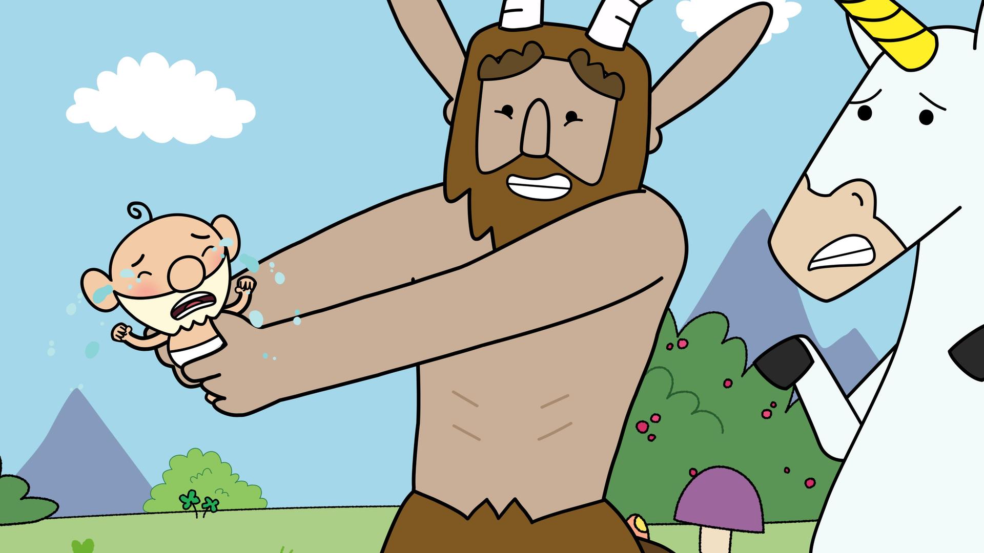 Hufius hält Herbert als kleines, weinendes Baby in seinen weit ausgestreckten Armen. Blümchen, die neben Hufius steht, blickt leicht gestresst zu dem schreienden, quengeligen Baby.