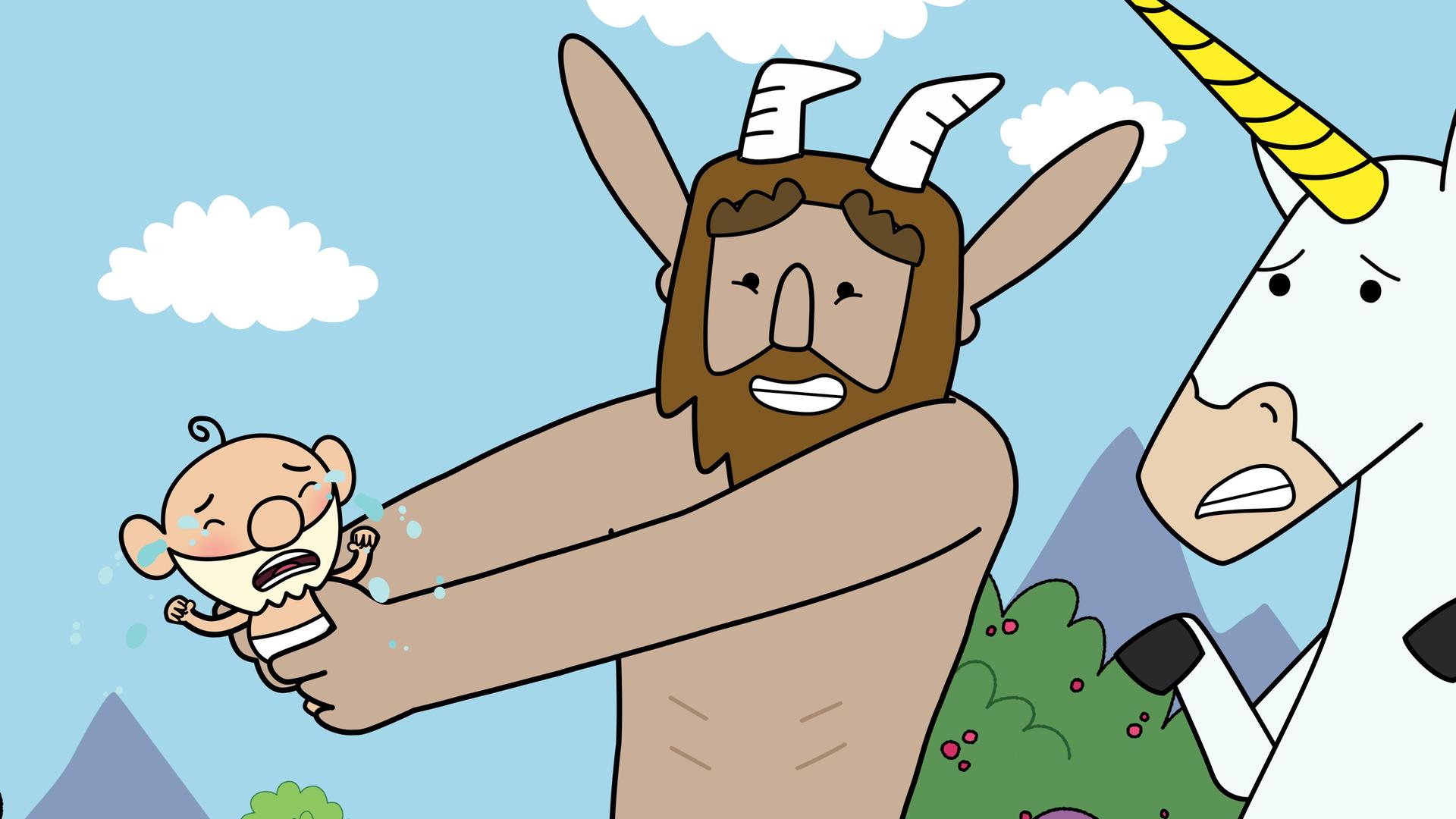 Hufius hält Herbert als kleines, weinendes Baby in seinen weit ausgestreckten Armen. Blümchen, die neben Hufius steht, blickt leicht gestresst zu dem schreienden, quengeligen Baby.