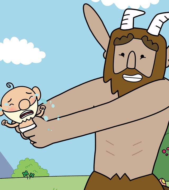Hufius hält Herbert als kleines, weinendes Baby in seinen weit ausgestreckten Armen. Blümchen, die neben Hufius steht, blickt leicht gestresst zu dem schreienden, quengeligen Baby.
