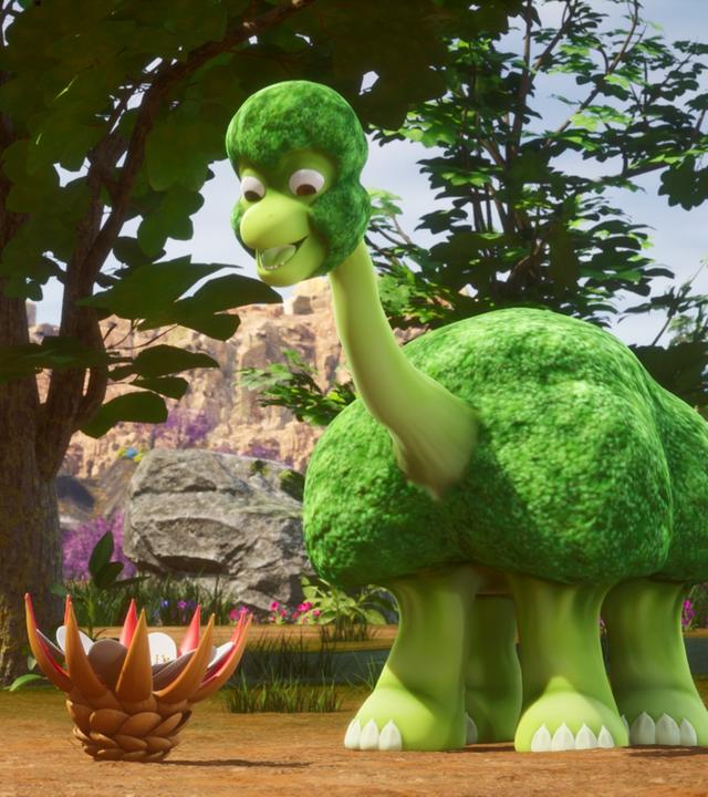 Ein kleiner, grüner Brokkoli-Saurier schaut freudig auf den Boden. Ginger, das Trikarottops-Mädchen, steht vor ihm und schaut ebenfalls zum Boden, wo eine große Blüte liegt.