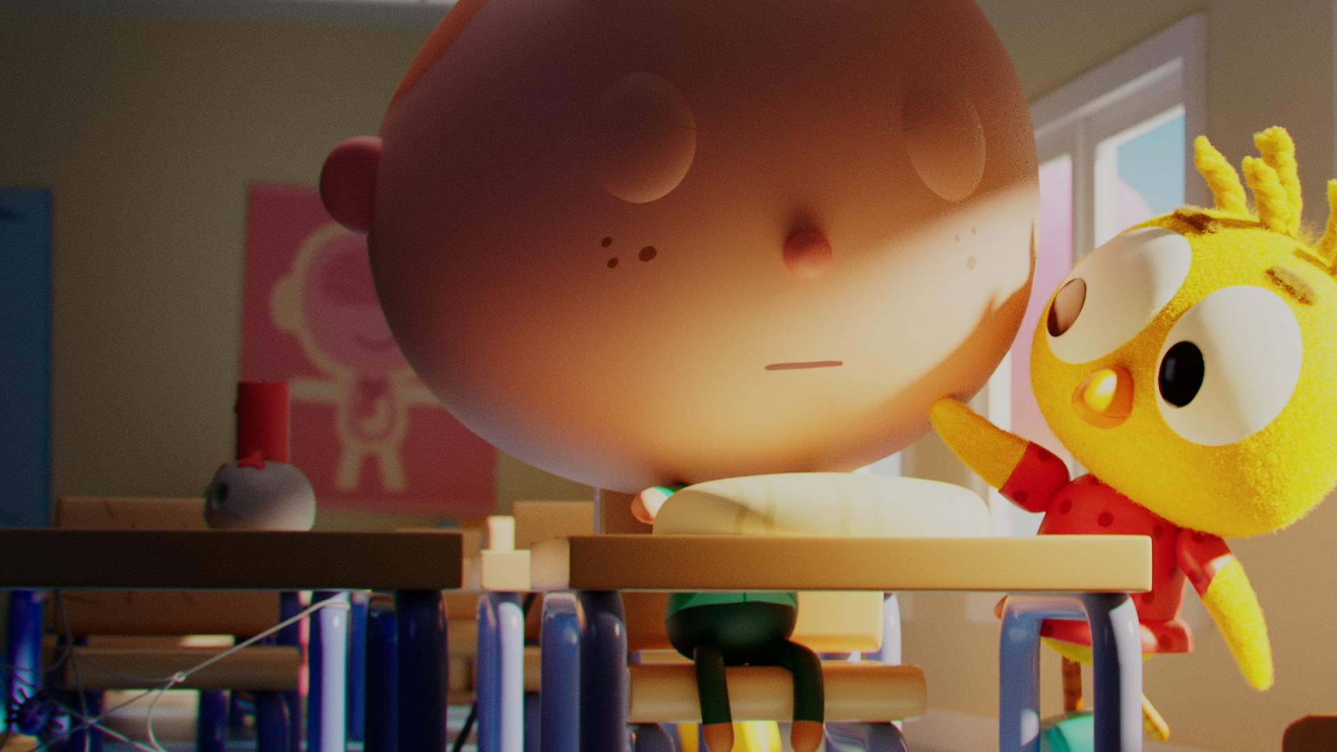 Sven sitzt erschöpft im Klassenzimmer an seinem Tisch. Sein Kopf ist deutlich vergrößert. Er hat die Augen geschlossen. Rechts neben ihm steht Küken Karla und berührt tröstend mit einem Flügel seine Wange. Rechts von Karla befindet sich ein Stuhl.