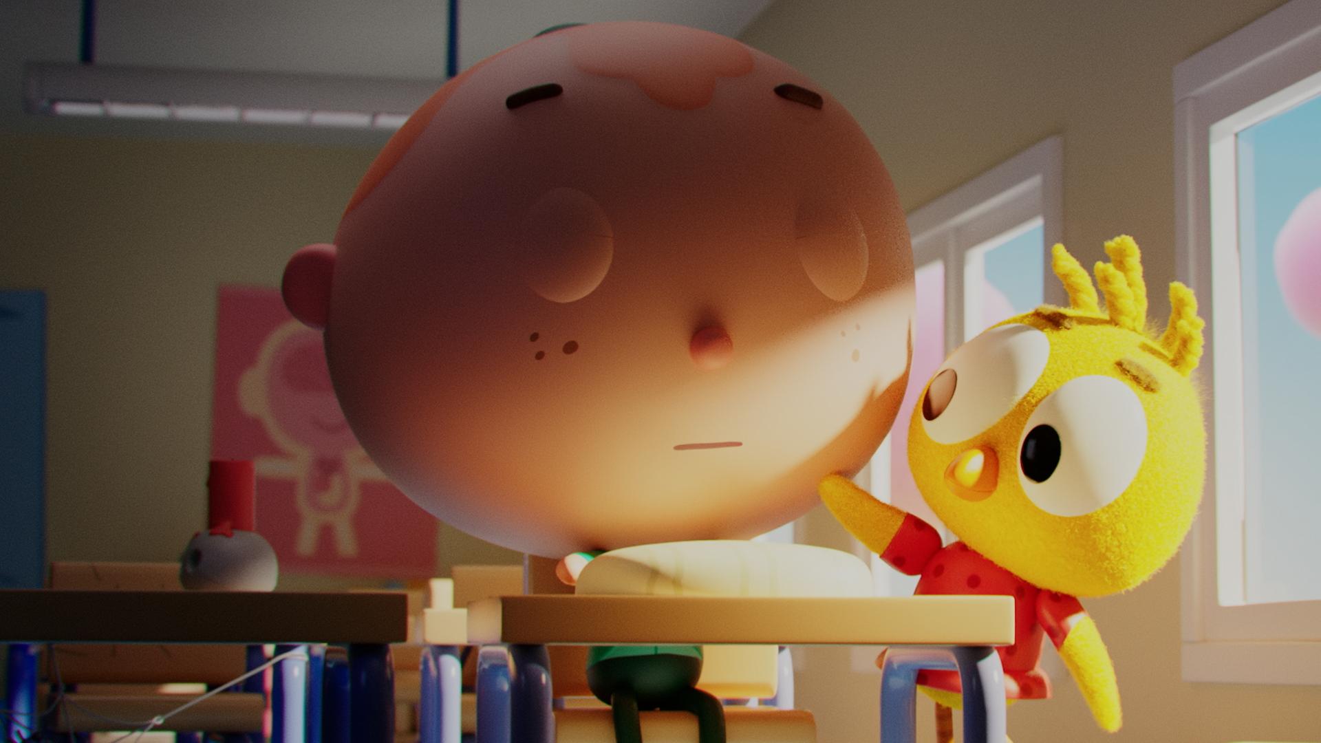 Sven sitzt erschöpft im Klassenzimmer an seinem Tisch. Sein Kopf ist deutlich vergrößert. Er hat die Augen geschlossen. Rechts neben ihm steht Küken Karla und berührt tröstend mit einem Flügel seine Wange. Rechts von Karla befindet sich ein Stuhl.