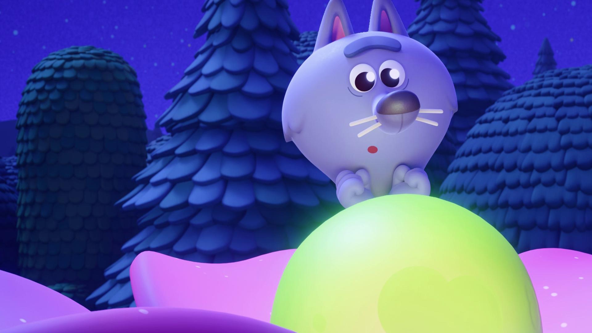 Der lilafarbene Wolf Wilf steht vor einer grün-gelb leuchtenden Kugel inmitten einer rosa Blume. Es ist Nacht. Wilf macht eine entzückte Geste, so als wolle er die leuchtende Kugel gleich umarmen.