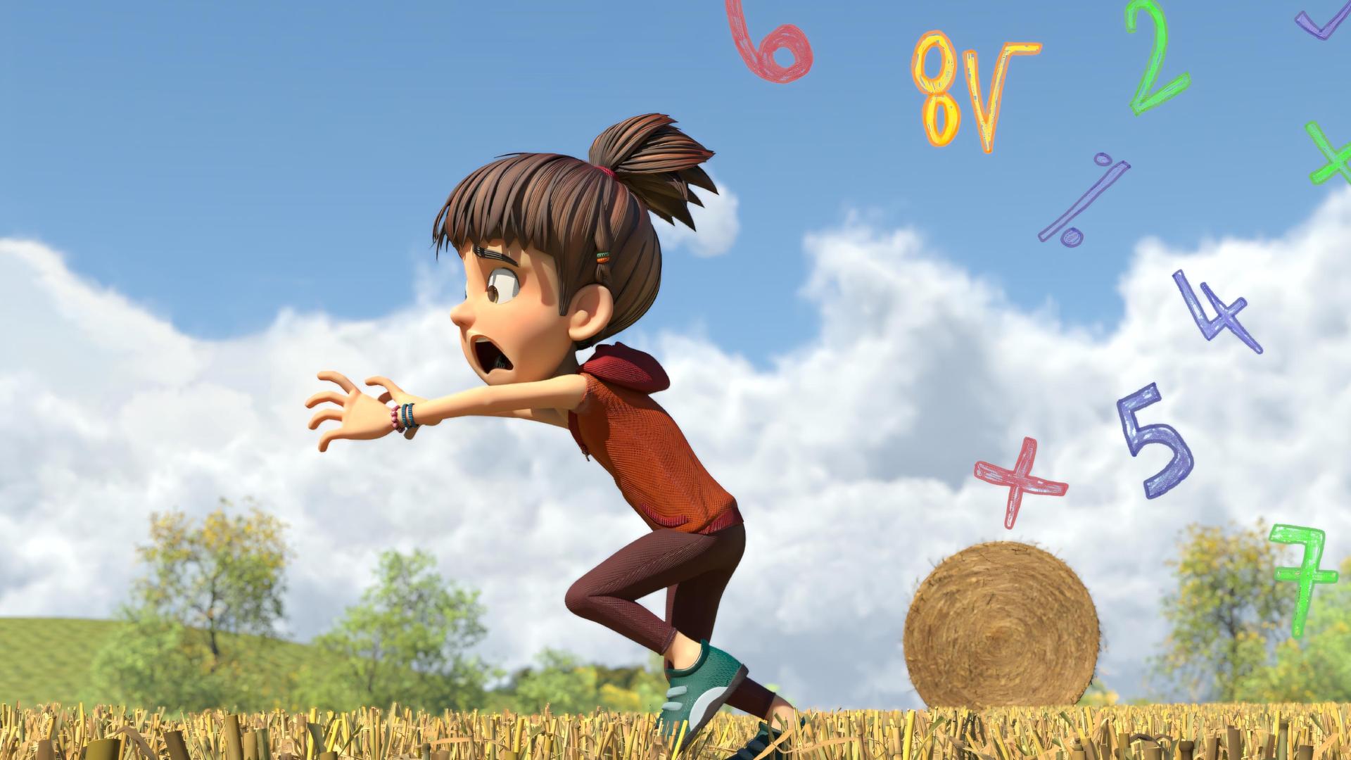 Bohnenstange rennt mit panischem Gesichtsausdruck über einen Stoppelacker und wird dabei von bunten Zahlen und mathematischen Symbolen verfolgt.