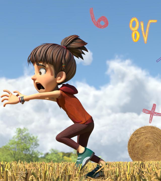 Bohnenstange rennt mit panischem Gesichtsausdruck über einen Stoppelacker und wird dabei von bunten Zahlen und mathematischen Symbolen verfolgt.