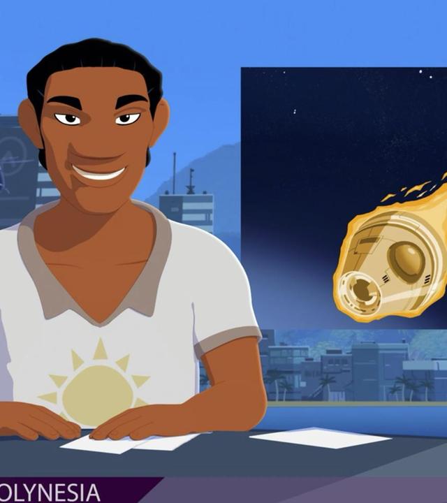 Ein Nachrichtensprecher berichtet vom Eintreten der Mond-Raumkapsel in die Erdatmosphäre. Im Hintergrund wird ein Bild vom Mond und der fliegenden Raumkapsel eingeblendet. 