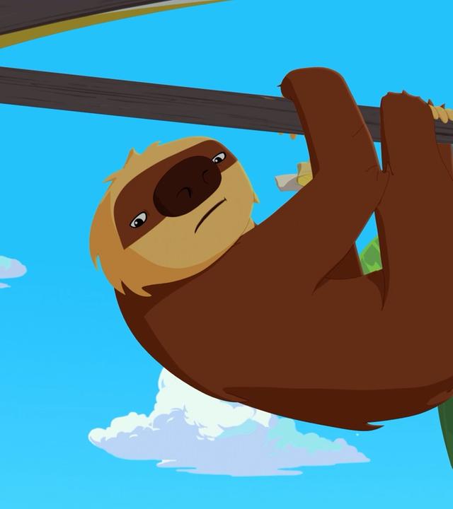 Ein braunes Faultier hängt mit Armen und Beinen an einer waagerechten Stange und schaut betrübt.