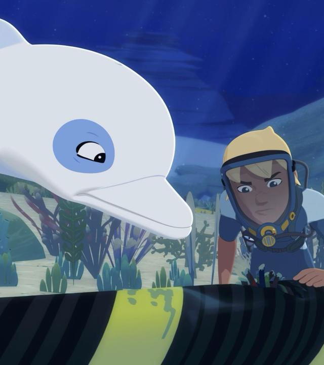 Zoom und Yann untersuchen unter Wasser am Meeresgrund das Kabel für die Internetverbindung zu ihrer Insel. Es ist beschädigt.