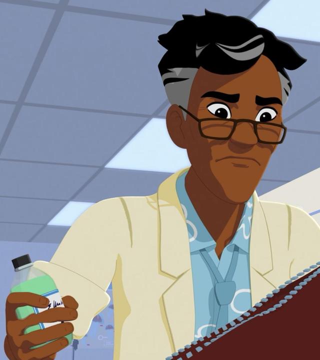 Nino ist in seinem Labor und hält eine Flasche mit grüner Flüssigkeit in seiner rechten Hand. Vor ihm steht eine geöffnete Tasche mit Reißverschluss. Er schaut sehr unglücklich.