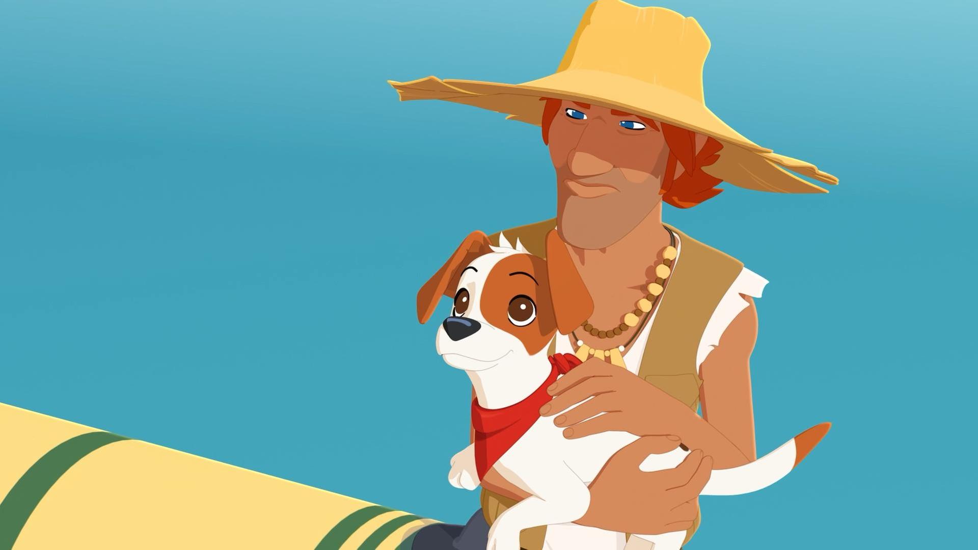 Jack steht am Wasser und hält seinen Hund Jackpot auf dem Arm. Beide schauen etwas nach oben.