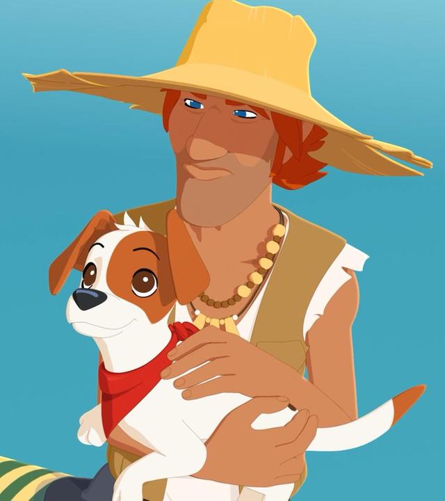 Jack steht am Wasser und hält seinen Hund Jackpot auf dem Arm. Beide schauen etwas nach oben.