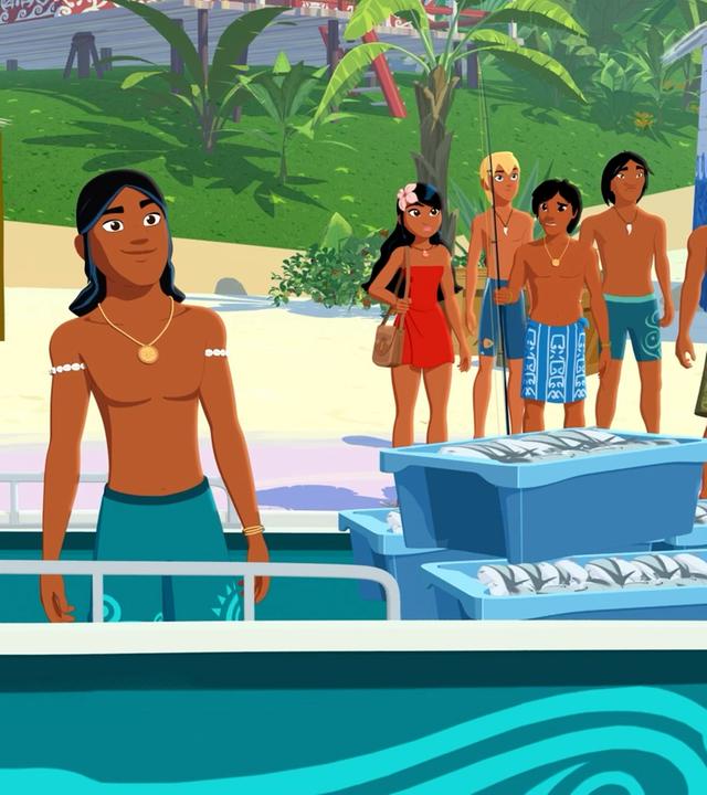 Auru steht in seinem Boot mit einer Menge gefangener Fische in Kisten. Am Strand sind einige Dorfbewohner, die seinen Fang begutachten.