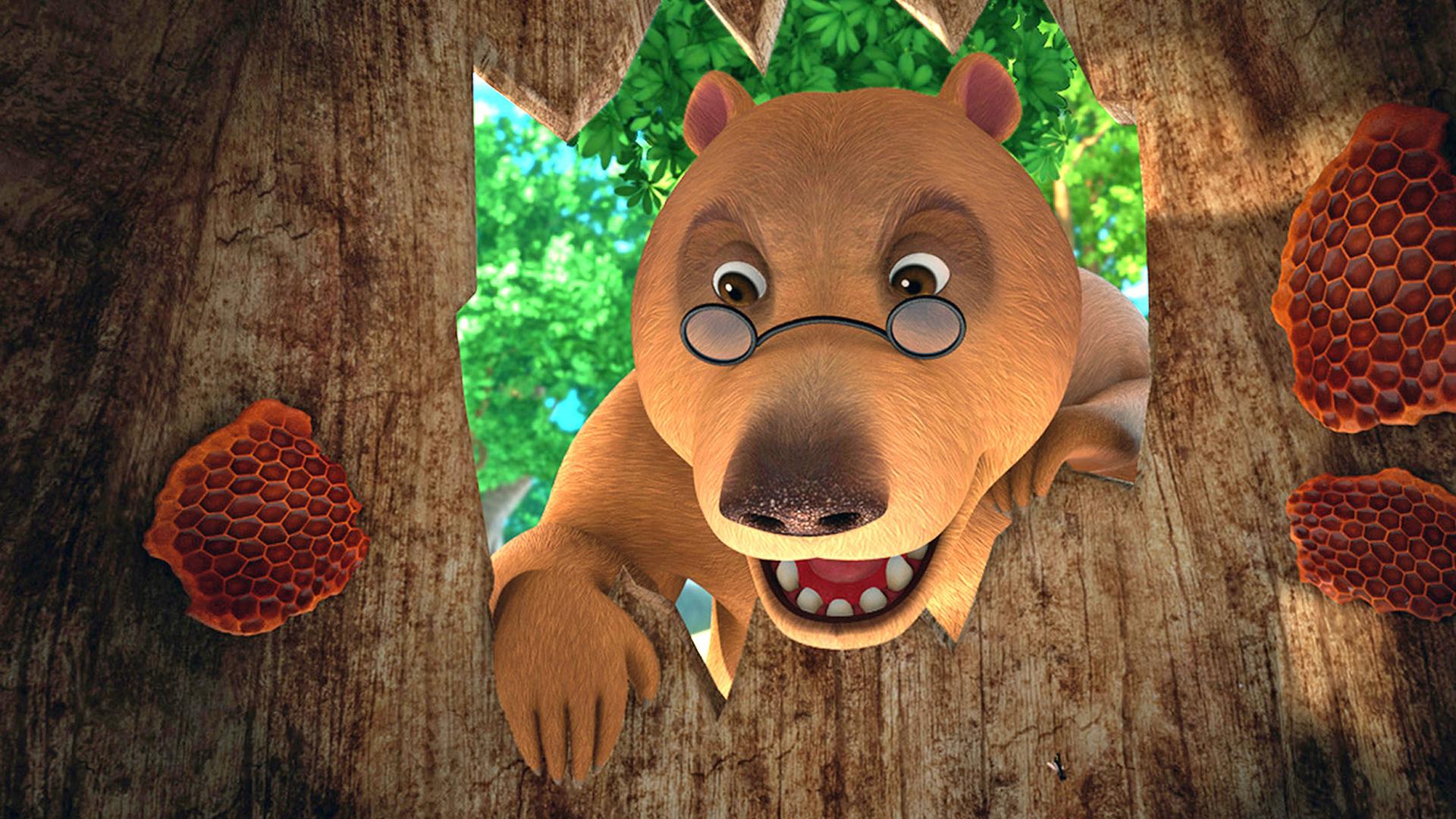 Balu steckt den Kopf in ein Loch im Baum. Im Baum befinden sich Honigwaben.