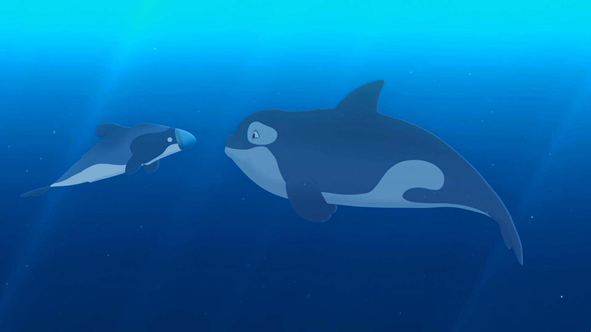 Kaya, der mechanische Delfin, nimmt unter Wasser Kontakt mit einem anderen großen Orka-Wal auf.