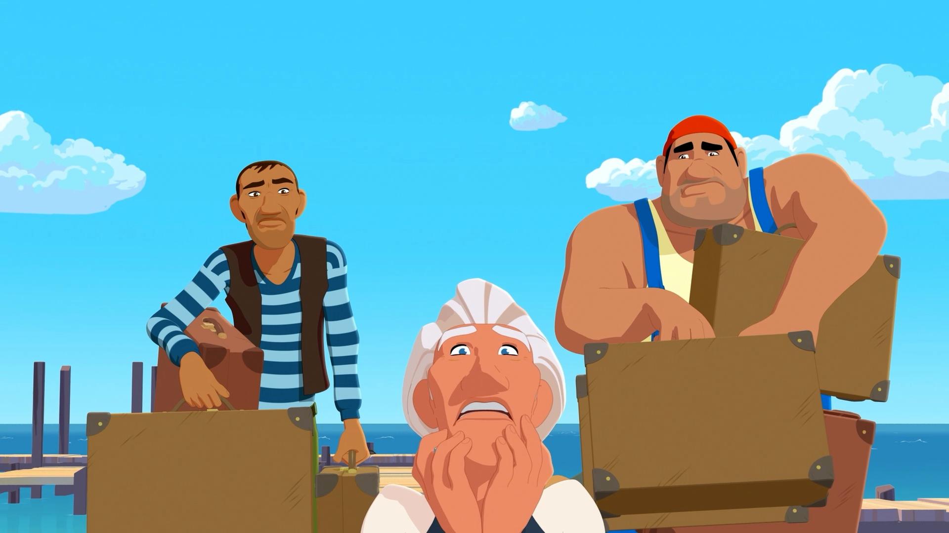 Van Krook steht mit flehender Bewegung seiner Hände am Strand und schaut bittend nach vorne. Schräg hinter ihm stehen auf beiden Seiten Rico und Biff, beladen mit vielen Koffern. Im Hintergrund sind Bootsstege und das Meer zu sehen.