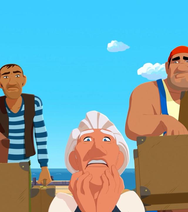 Van Krook steht mit flehender Bewegung seiner Hände am Strand und schaut bittend nach vorne. Schräg hinter ihm stehen auf beiden Seiten Rico und Biff, beladen mit vielen Koffern. Im Hintergrund sind Bootsstege und das Meer zu sehen.