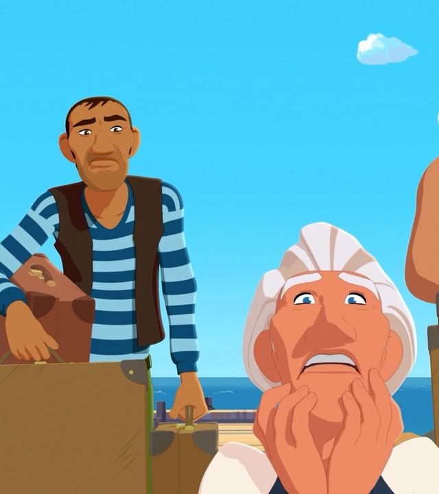 Van Krook steht mit flehender Bewegung seiner Hände am Strand und schaut bittend nach vorne. Schräg hinter ihm stehen auf beiden Seiten Rico und Biff, beladen mit vielen Koffern. Im Hintergrund sind Bootsstege und das Meer zu sehen.