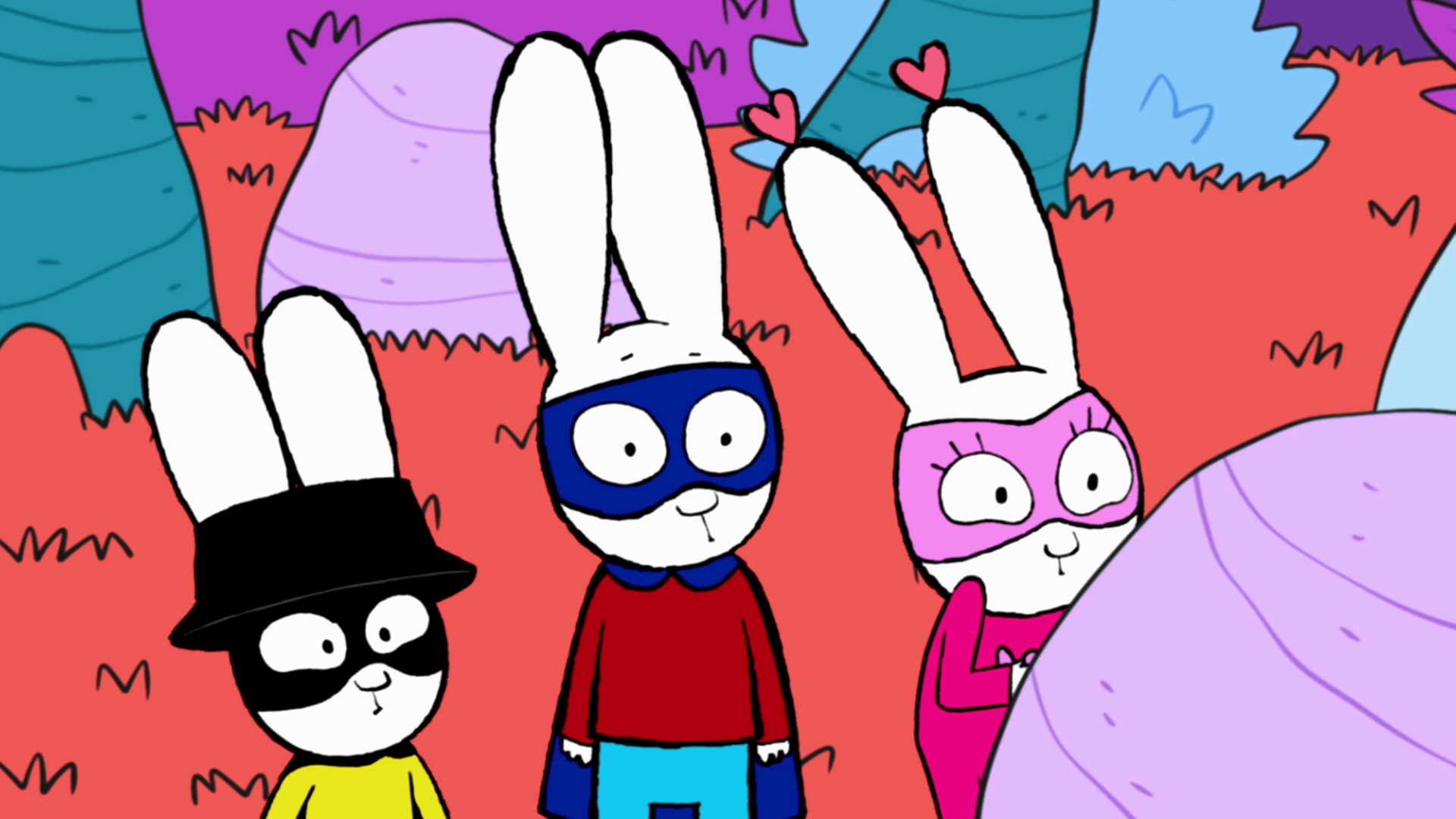 In der Fantasiewelt stehen Captain Hase, Superhase und Super-Lou gemeinsam im Wald. Super-Lou versteckt sich ängstlich hinter einem Stein. Superhase und Captain Hase stehen verdutzt blickend daneben.