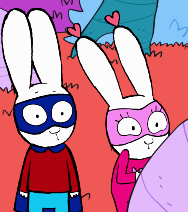 In der Fantasiewelt stehen Captain Hase, Superhase und Super-Lou gemeinsam im Wald. Super-Lou versteckt sich ängstlich hinter einem Stein. Superhase und Captain Hase stehen verdutzt blickend daneben.