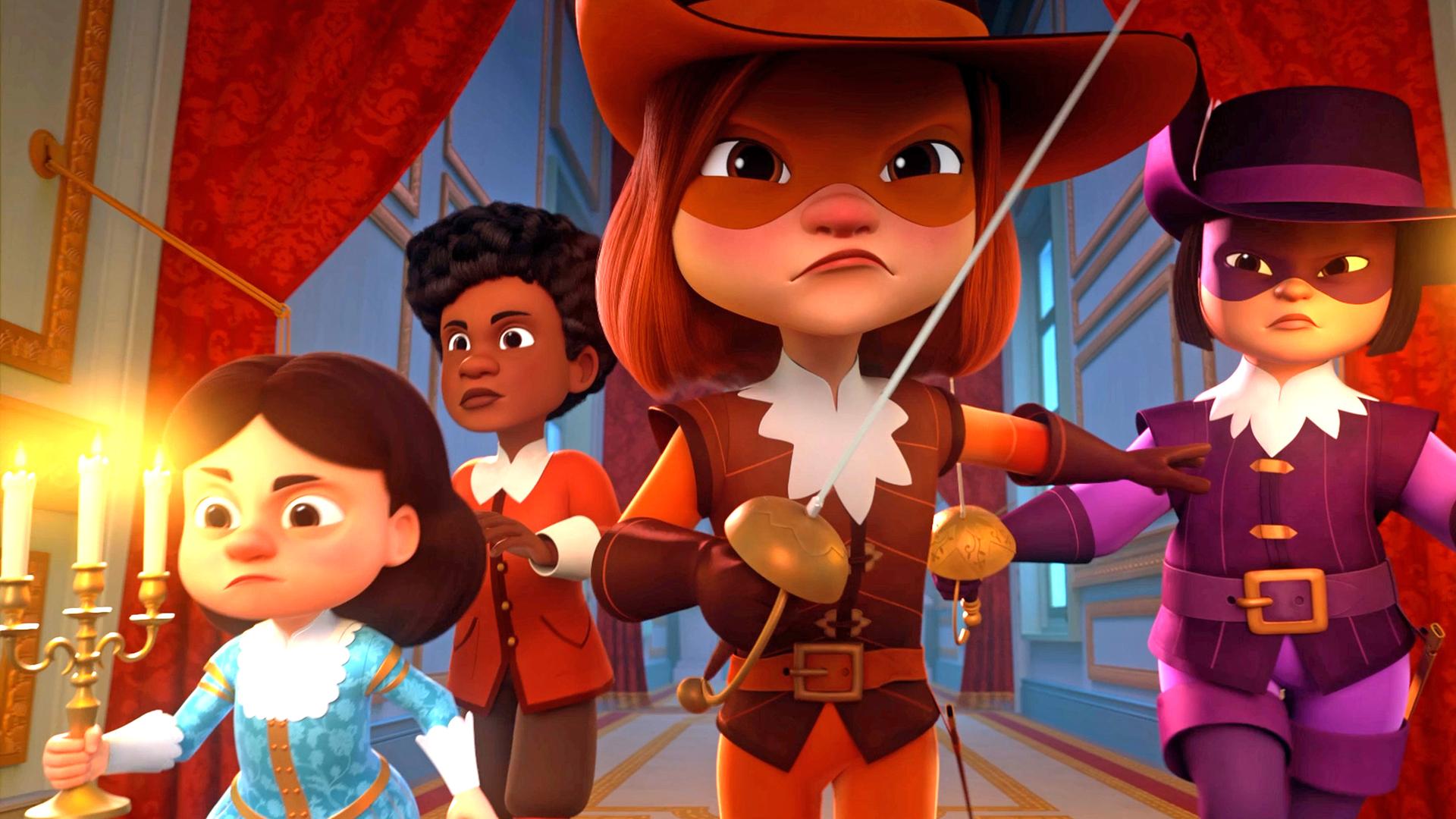  Im Palast des Königs: König Louis XIII., Alex, D'Artagnan und Porthos gehen mit entschlossenem und ernstem Blick einen Korridor entlang. Louis XIII trägt einen Kerzenständer mit drei brennenden Kerzen in seiner rechten Hand, d'Artagnan einen Degen, und Porthos einen Degen und einen Kerzenständer mit brennenden Kerzen. Sie blicken alle nach vorne. Es ist dunkel, nur das Licht der Kerzen erhellt den Korridor.