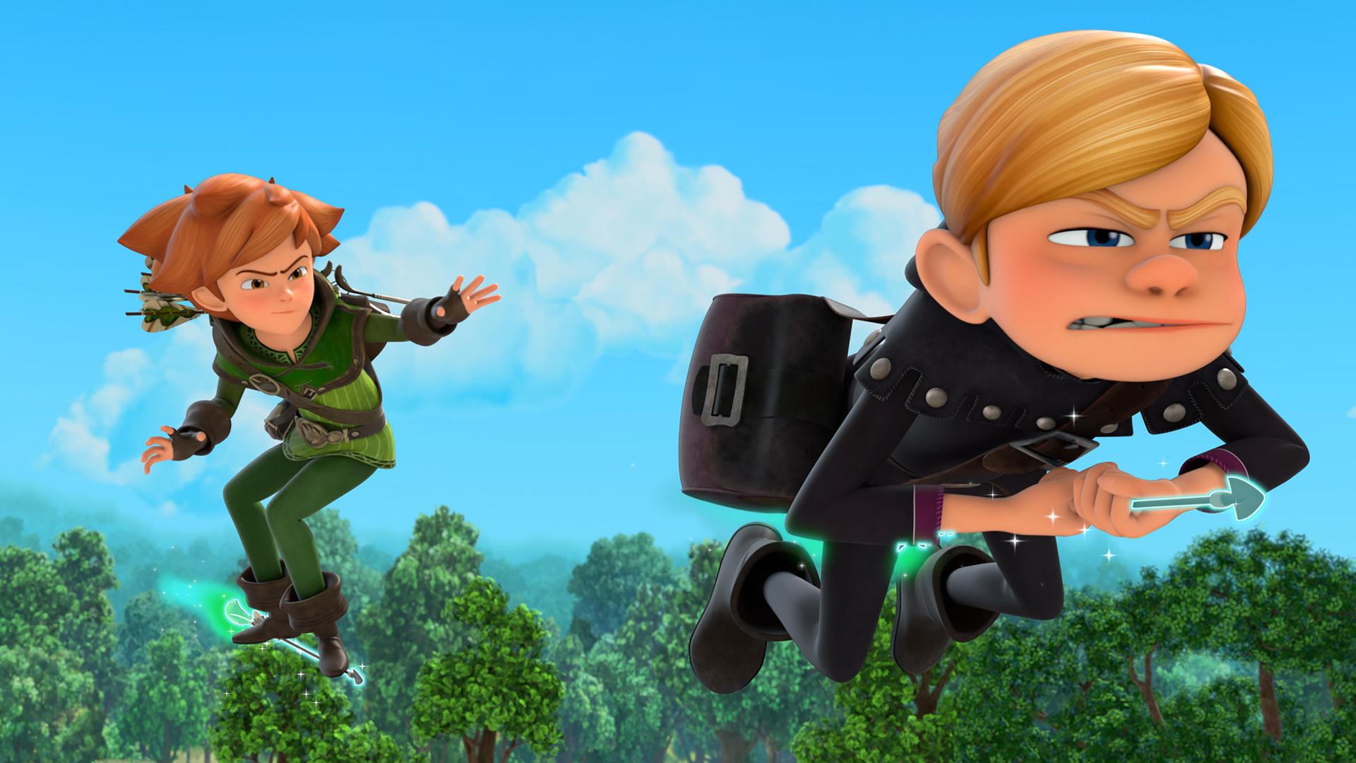 Robin verfolgt den Dieb Landrin. Beide fliegen auf magischen Pfeilen durch die Luft.