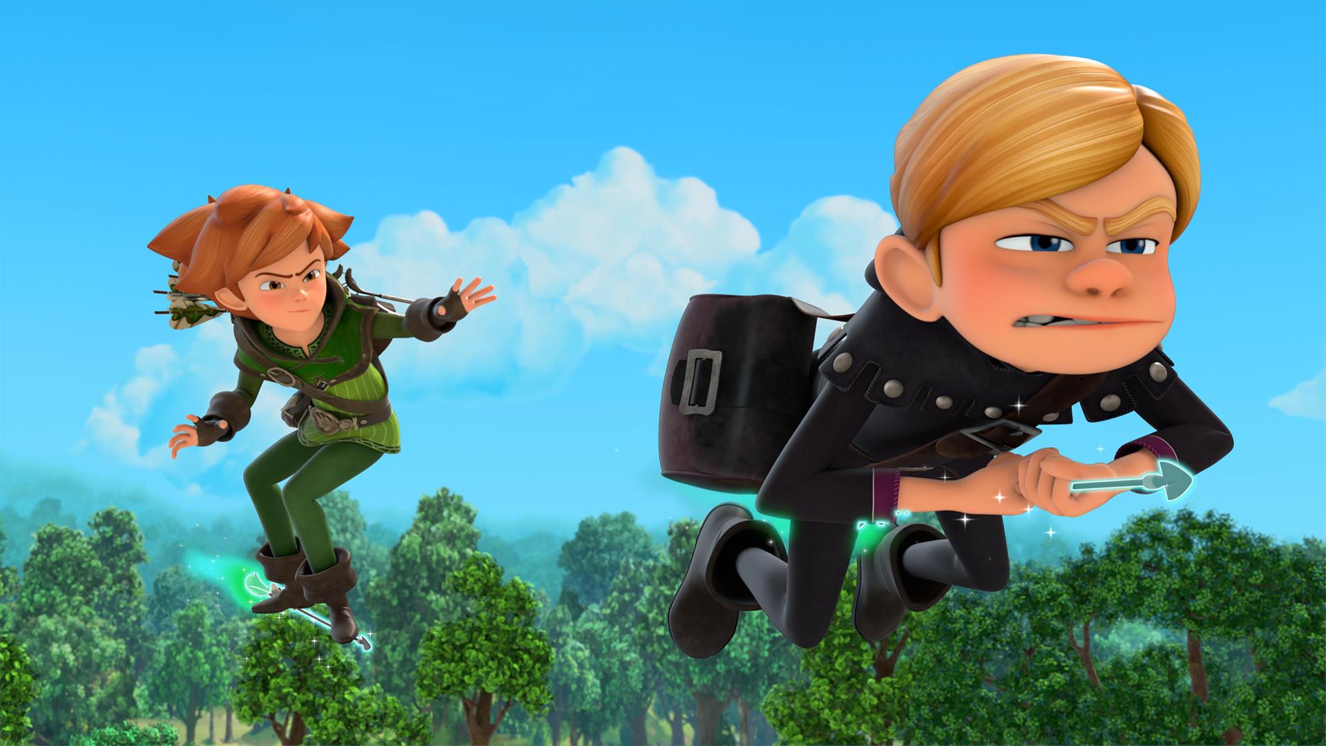 Robin verfolgt den Dieb Landrin. Beide fliegen auf magischen Pfeilen durch die Luft.