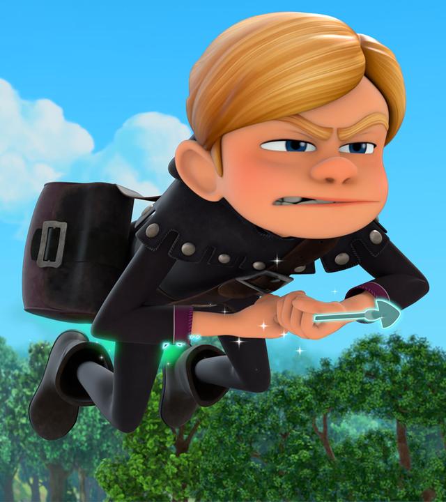 Robin verfolgt den Dieb Landrin. Beide fliegen auf magischen Pfeilen durch die Luft.