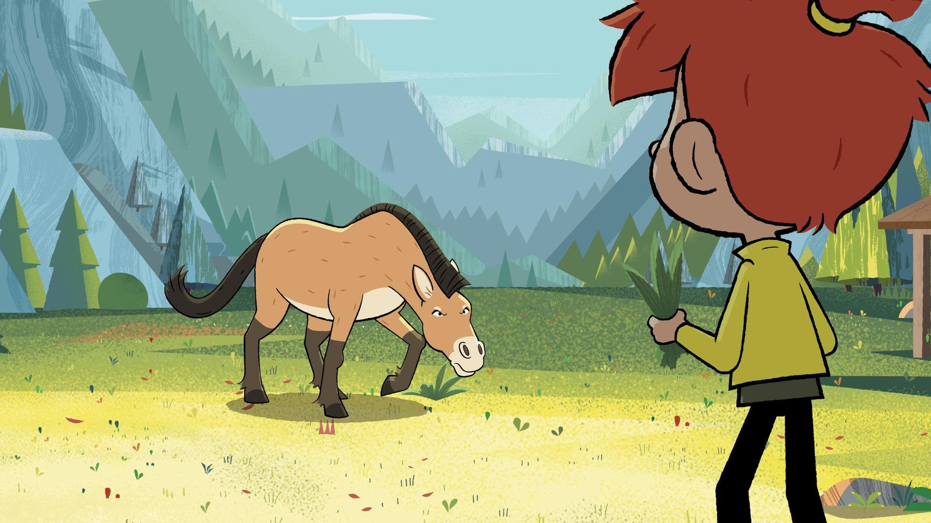 Auf einer offenen Waldlichtung steht ein böse blickendes hellbraunes Pferd mit dunkler Mähne. Es hält den Kopf gesenkt - zum Angriff bereit. Ihm gegenüber steht ein rothaariges Mädchen und hält etwas Gras in der Hand.