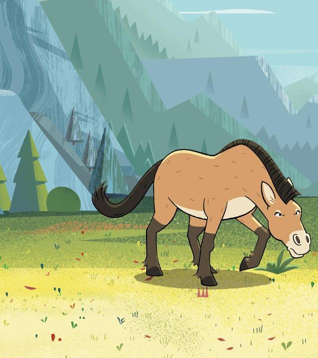 Auf einer offenen Waldlichtung steht ein böse blickendes hellbraunes Pferd mit dunkler Mähne. Es hält den Kopf gesenkt - zum Angriff bereit. Ihm gegenüber steht ein rothaariges Mädchen und hält etwas Gras in der Hand.