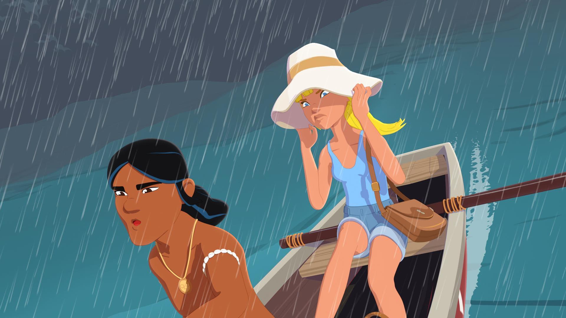 Clarissa sitzt mit Auru im Einbaum, während ein heftiger Sturm um sie wütet.