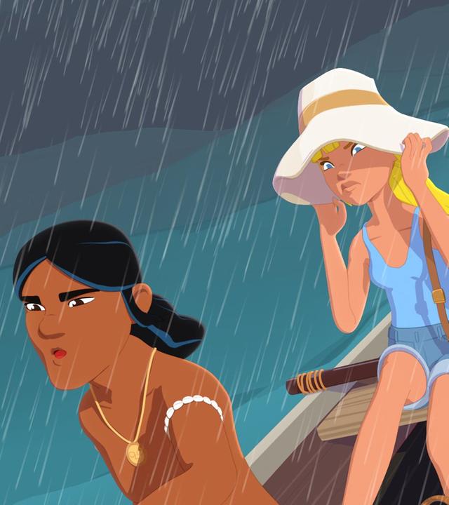 Clarissa sitzt mit Auru im Einbaum, während ein heftiger Sturm um sie wütet.