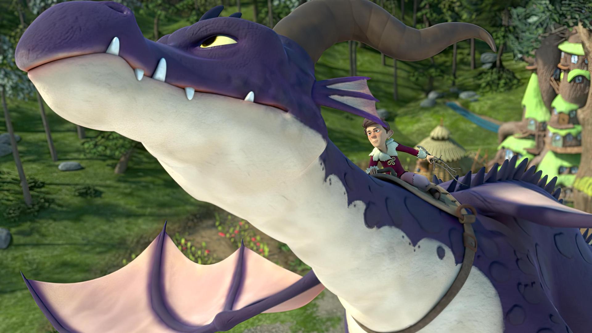 Tipsar sitzt mit entschlossenem Blick auf dem Rücken von Drachen Brandarium. Er hält die Zügel des Geschirrs fest, das Brandarium trägt. Sie fliegen gemeinsam von Frondosa fort.