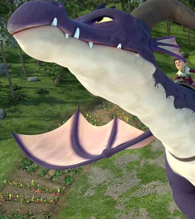 Tipsar sitzt mit entschlossenem Blick auf dem Rücken von Drachen Brandarium. Er hält die Zügel des Geschirrs fest, das Brandarium trägt. Sie fliegen gemeinsam von Frondosa fort.