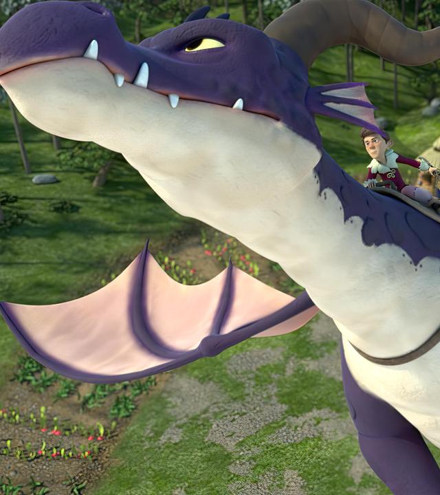 Tipsar sitzt mit entschlossenem Blick auf dem Rücken von Drachen Brandarium. Er hält die Zügel des Geschirrs fest, das Brandarium trägt. Sie fliegen gemeinsam von Frondosa fort.