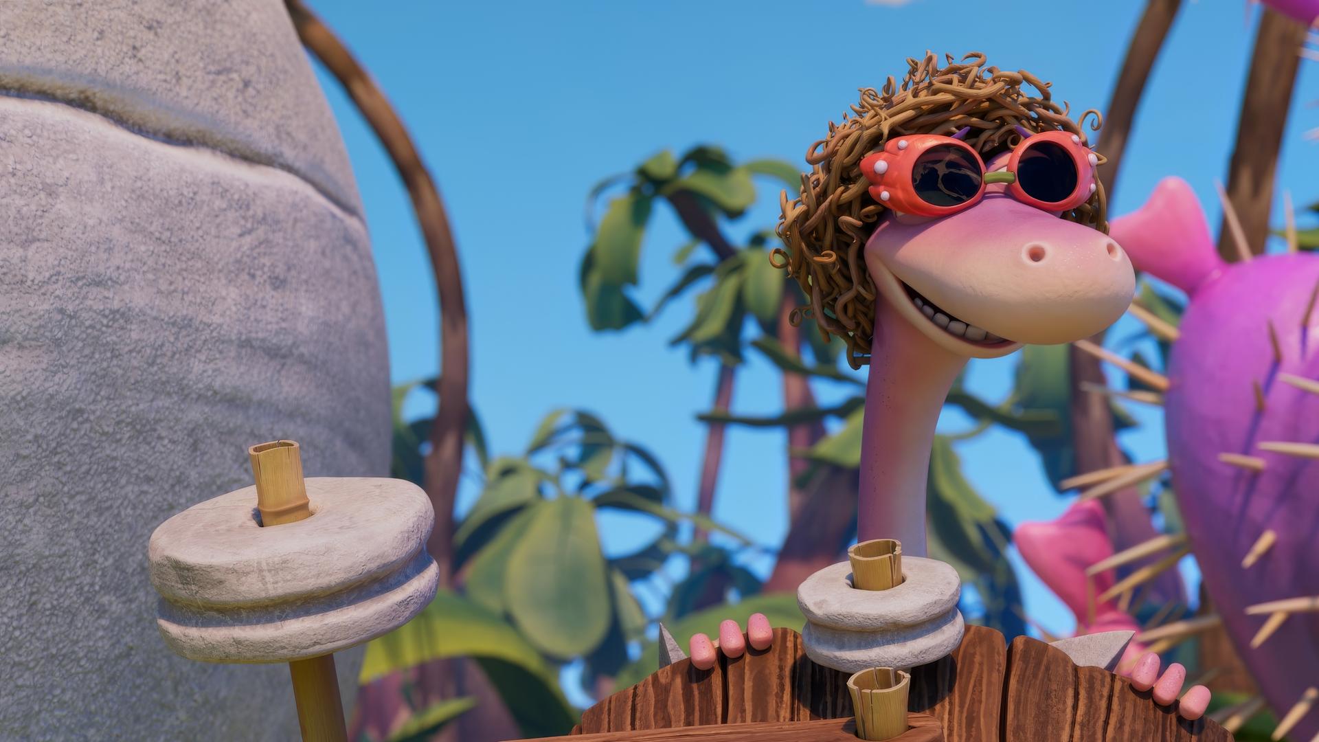 Der rosafarbene Dinosaurier Minus Drei hat ein gekräuseltes Vogelnest auf dem Kopf und trägt eine rote Sonnenbrille. Er schaut hier einem hölzernen Handwagen hervor. Er sieht ein bisschen aus wie eine junggebliebene Omi.