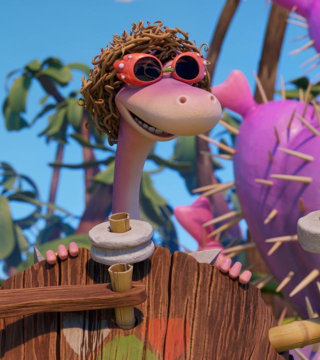 Der rosafarbene Dinosaurier Minus Drei hat ein gekräuseltes Vogelnest auf dem Kopf und trägt eine rote Sonnenbrille. Er schaut hier einem hölzernen Handwagen hervor. Er sieht ein bisschen aus wie eine junggebliebene Omi.