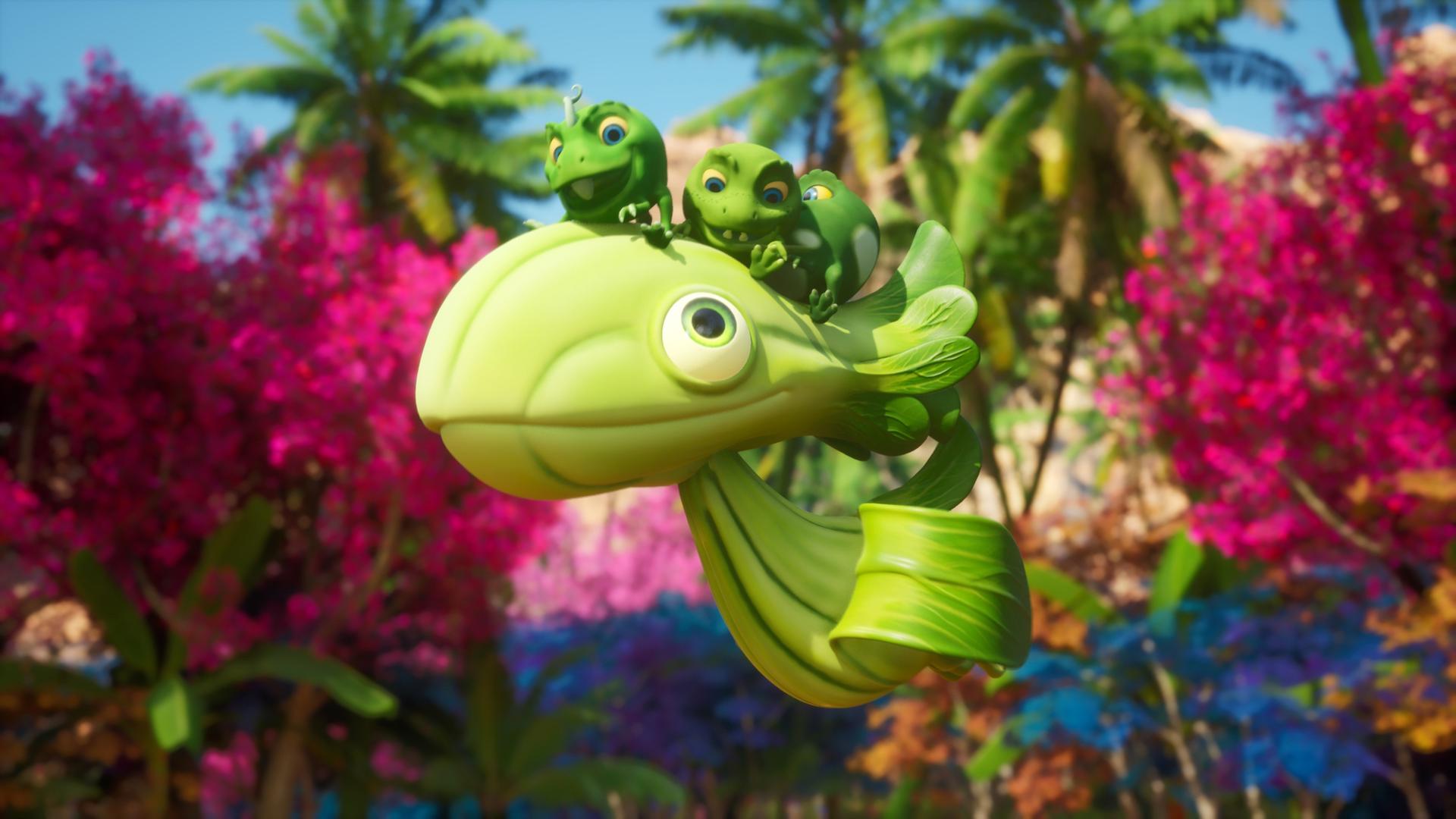 Die drei Erbs-Rexe sitzen auf dem Kopf eines grünen Vogels, der einem grünen Asia-Kohl ähnelt, einem sogenannten Pakchoidactylus. Die Erbs-Rexe sind Wesen, die aussehen wie Erbsen mit Gesichtern und Ärmchen und Beinchen. Im Hintergrund sehen stehen Palmen und Bäume mit lilafarbenen Blättern.