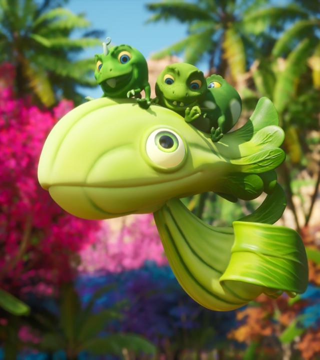 Die drei Erbs-Rexe sitzen auf dem Kopf eines grünen Vogels, der einem grünen Asia-Kohl ähnelt, einem sogenannten Pakchoidactylus. Die Erbs-Rexe sind Wesen, die aussehen wie Erbsen mit Gesichtern und Ärmchen und Beinchen. Im Hintergrund sehen stehen Palmen und Bäume mit lilafarbenen Blättern.