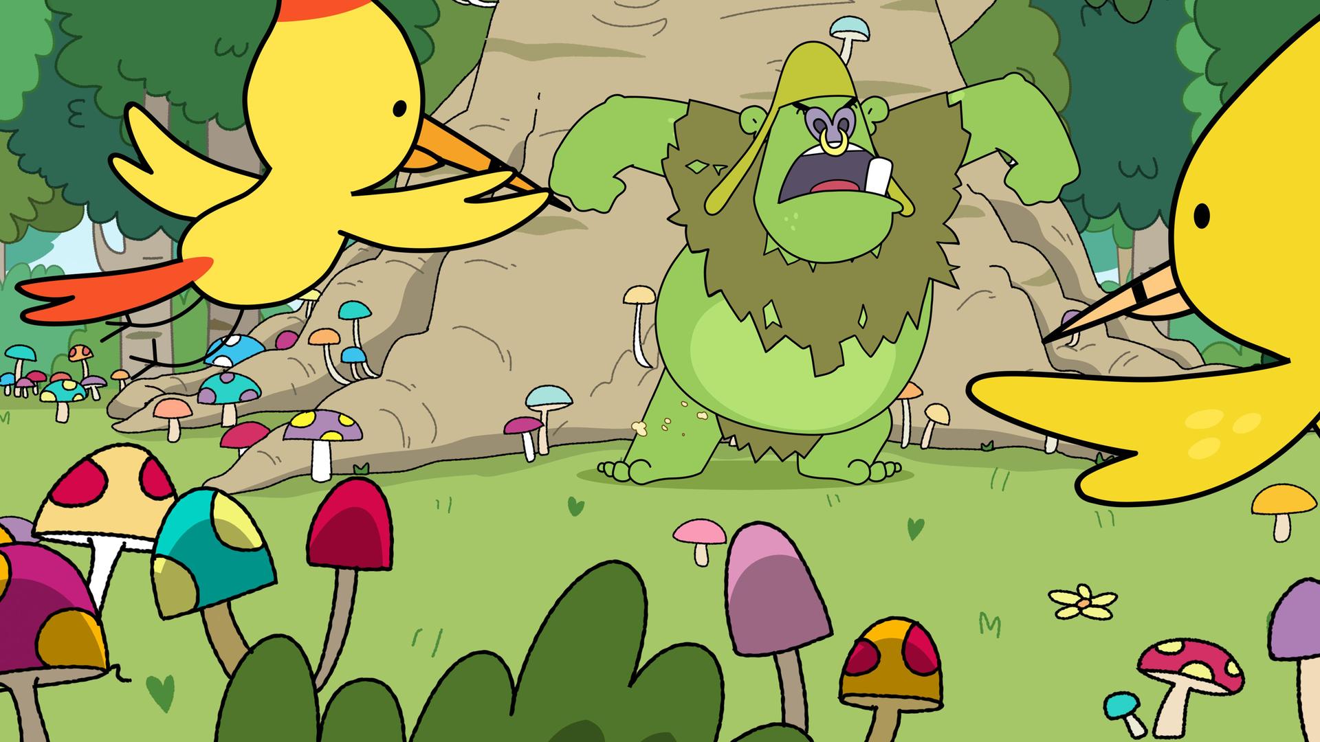 Ein grüner Oger steht wütend brüllend und mit hoch erhobenen, ausgebreiteten Armen vor einem riesigen Baum. Zwei goldgelbe Vögel, Phoenix-Holzspechte, flattern aufgeregt umher. Rings herum auf der Wiese sprießen bunte Pilze.